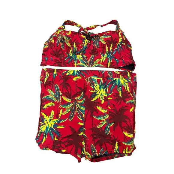 Torrid Red Palm Tropical Print Retro Wireless Ruched Bikini Top & Bottom Set 5X - Picture 2 of 13